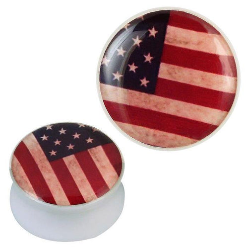 The Acryl Plug weiß Fahne USA Vintage Style Piercing Ohrschmuck features a round acrylic plug with a faded red, white, and blue American flag design, shown from both top and side views for a classic vintage look.