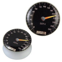 Load image into Gallery viewer, Two Acryl Plug weiß Tachometer gelb schwarz Piercing Ohrschmuck pieces feature black speedometer designs with white numbers, MPH label, and odometer at 280210—one front-facing, one angled—resembling classic Tacho Plug style.
