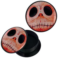 Load image into Gallery viewer, A round black acrylic screw plug with lid, featuring an orange Candy Skull Geist Naht design inspired by Day of the Dead, with large dark eye sockets and ornate patterns. Perfect as piercing ear jewelry (Ohrschmuck).
