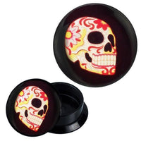 Load image into Gallery viewer, Schraub Plug Acryl Sweet Skull Blumen rot gelb lila Piercing Ohrschmuck
