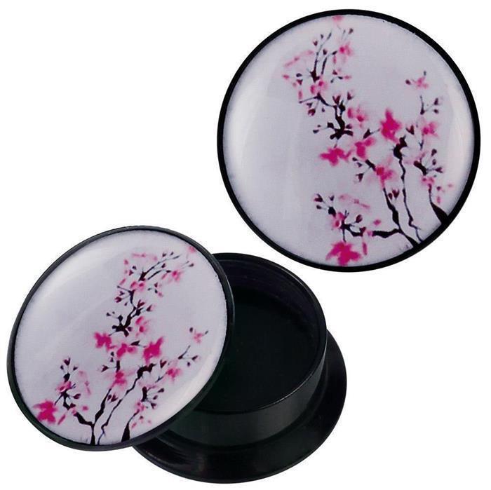 Schraub Plug Acryl schwarz pink Blütenzweige Piercing Ohrschmuck