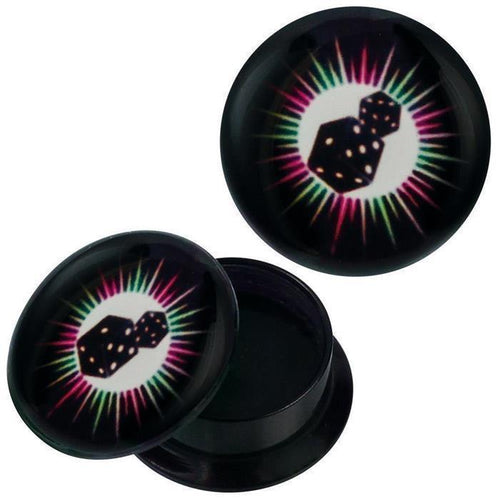 A pair of Schraub Plug Acryl Würfel Strahlen pink grün Piercing Ohrschmuck shown on a white background, featuring black circular plugs with a starburst design, geometric shapes in the center, and small yellow dots.
