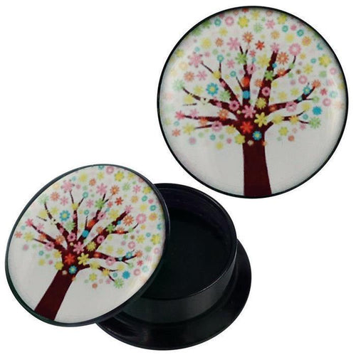 A round black "Schraub Plug Acryl Flower Power bunt Baum" piercing with a removable lid, featuring a white background and a colorful tree design—brown trunk, branches, and multicolored flower leaves.