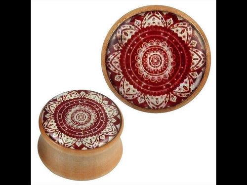 Holz Plug hell rot weiße Mandala Blume Resin Inlay Tribal Piercing