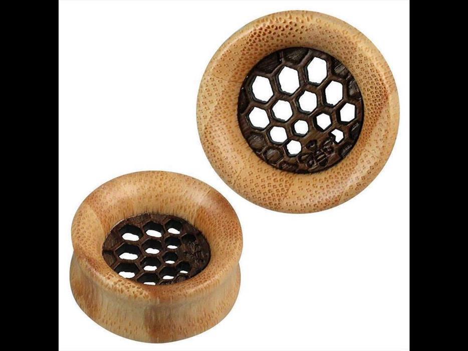 Holz Tunnel Plug hell gemasert dunkles Inlay Waben Muster Tribal Piercing