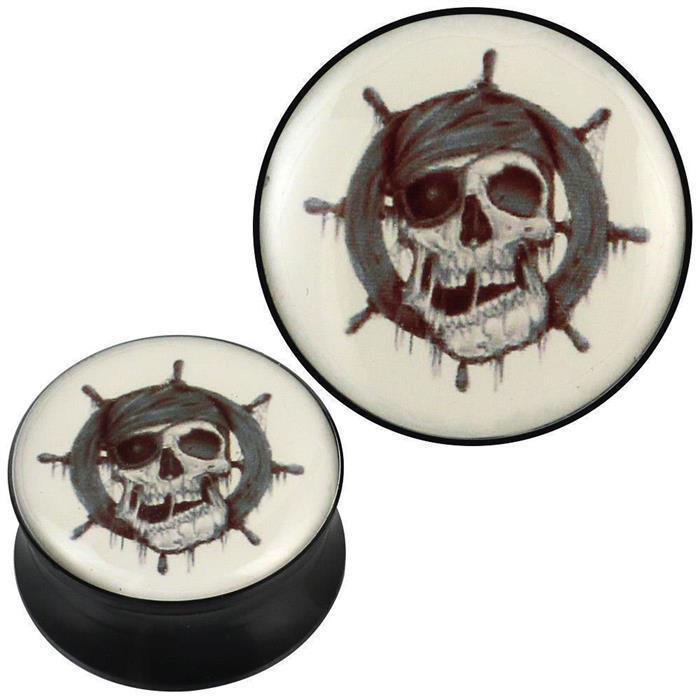 Plug Acryl Pirat Skull Steuerrad Tang grau beige schwarz Piercing Ohrschmuck