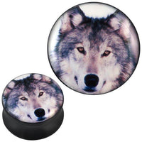 Load image into Gallery viewer, Plug Acryl weiß grauer Wolf Kopf schwarz Piercing Ohrschmuck
