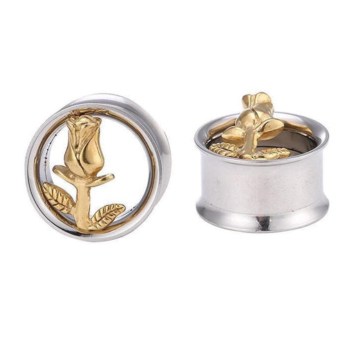 Schraubplug Chirurgenstahl Tunnel Plug Edelstahl dünn silbern goldene Rose Stiel und Blätter