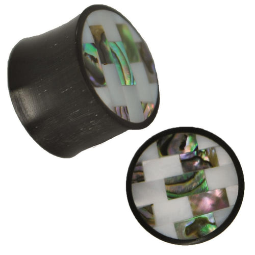 Plug weiß bunt Horn Rechtecke Linien Paua Abalone Perlmutt Tribal schwarz Expander