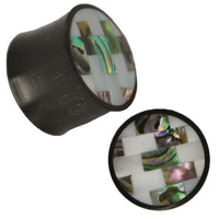 Load image into Gallery viewer, Plug weiß bunt Horn Rechtecke Linien Paua Abalone Perlmutt Tribal schwarz Expander
