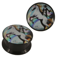 Load image into Gallery viewer, Schraub Plug Acryl Pferd Laserblick Regenbogen Kater Feuer Piercing schwarz
