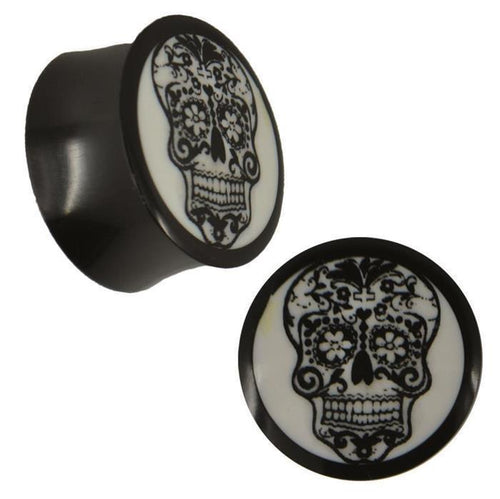 Plug Horn weiße Gravur Candy Skull Blumen Kreuz schwarz Piercing