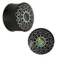 Load image into Gallery viewer, Plug Horn weiße Gravur Paua Abalone Kreis Sternmuster schwarz Piercing
