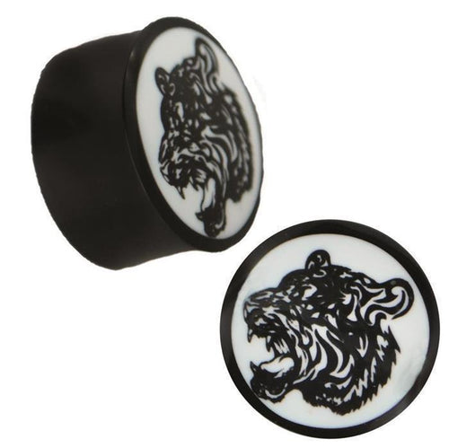 Plug Horn weiße Gravur Tigerkopf beißend handgeschnitzt schwarz Piercing