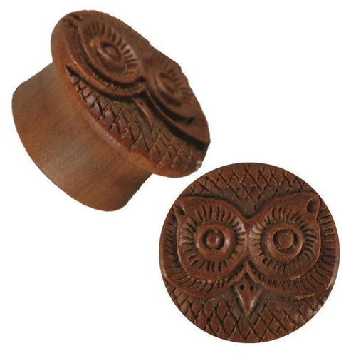 Plug Holz rotbraun Eule handgeschnitzt Trichter plastisch Tribal Piercing