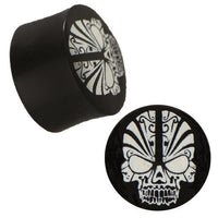 Cargar imagen en el visor de la galería, Plug Horn weiße Gravur schwarz Tribal Tattoo Skull Piercing handgeschnitzt
