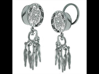 Load image into Gallery viewer, SchraubTunnel silbern Edelstahl Anhänger Herz Federn Glaskristall facettiert Piercing
