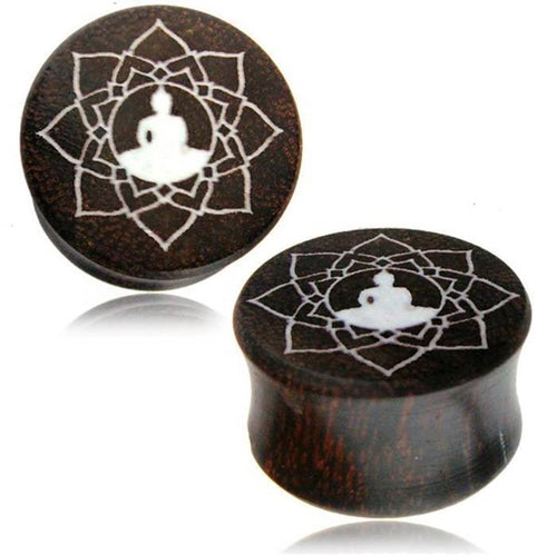 These Holz Plug Tamarinde Bone Inlay Lotussitz Blume handgeschnitzt Tribal Tunnel Expander ear plugs showcase a white meditating figure in a lotus flower design, finely engraved for a unique tribal style.