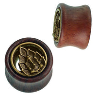 Load image into Gallery viewer, Holz Tunnel Ganesha vor Lotusblüte Brass Inlay antik golden Tribal Plug Expander

