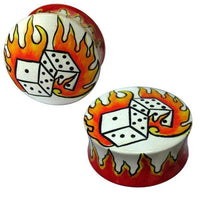 Cargar imagen en el visor de la galería, The Holz Plug Würfel Flammen rot weiß features two white Teakholz plugs with dice and red flame designs on the front and edges, making these unisex tunnel earrings a bold addition to your ear jewelry collection.

