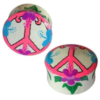 Load image into Gallery viewer, Two circular teak wood plugs with a pink peace sign, purple and blue Hawaii flowers, and green leaves on white. Holz Plug Peace Hawaii Blumen—unique organic Ohrschmuck for tunnel ohrringe fans seeking standout designs.
