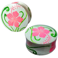 Cargar imagen en el visor de la galería, Holz Plug Hawaii Blume rosa grün Tunnel Ohrschmuck Teakholz Handverarbeitet Ohrstecker Ohrringe
