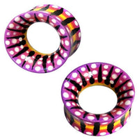 Load image into Gallery viewer, These colorful Tribal Holz Schmuck Teakholz Tunnel Plugs feature pink, purple, yellow designs with white dots and black stripes—perfect unisex Ohrstecker Ohrringe for bold style.
