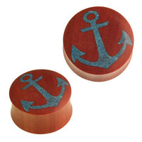 Load image into Gallery viewer, Holz Plug Anker Türkis crushed Stein Inlay blau Sawoholz rotbraun
