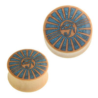 Load image into Gallery viewer, Holz Plug Auge des Re Sonne crushed Türkis Stein Inlay blau Krokodilholz
