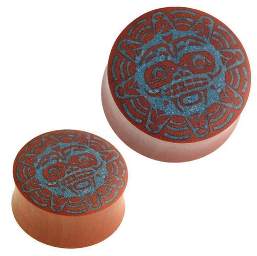 Holz Plug Gesicht Krieger Sonne crushed Türkis Stein Inlay blau Sawoholz