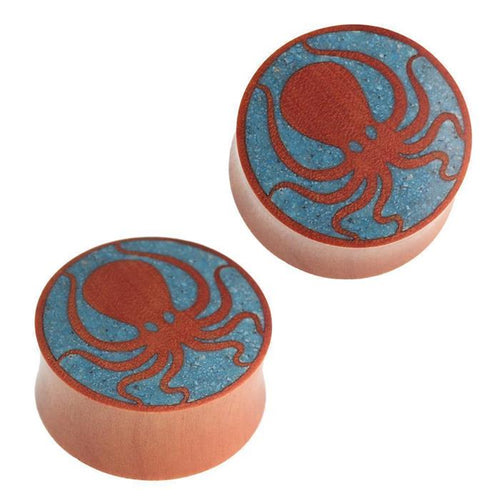 Holz Plug Oktopus crushed Türkis Stein Inlay blau Sawoholz