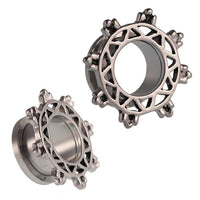 Load image into Gallery viewer, Edelstahl Tunnel Noppen Rad silbern oxidiert Schraubtunnel
