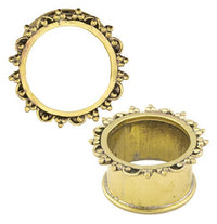 Load image into Gallery viewer, Two ornate, antique gold Brass Tunnel Bogen Punkte Dreieck nickelfrei Plugs made from Messing display decorative beaded edges. One stands upright while the other lies flat, highlighting their elegant design.
