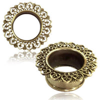 Load image into Gallery viewer, Two Brass Tunnel Herzbögen umgedreht Punkte antik golden Plug Messing Expander Schmuck earrings with intricate filigree and open centers are displayed on a white background—one upright, one on its side. Nickelfrei.
