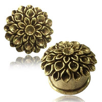 Cargar imagen en el visor de la galería, Brass Tunnel Plug 3D Blume Blütenblätter antik golden Messing Schmuck
