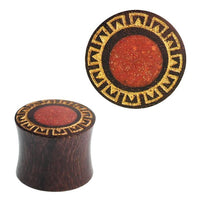 Load image into Gallery viewer, Plug Sonoholz golden Blume crushed roter Stein Inlay double flared Handarbeit
