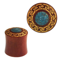 Cargar imagen en el visor de la galería, Plug Sawoholz Wellenrand crushed Türkis Stein golden double flared Handarbeit
