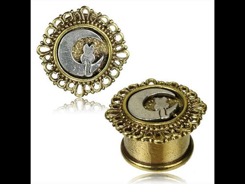 Brass Plug silbern antik golden Katze auf Mond Bogenrand Organic Messing