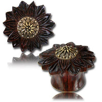 Cargar imagen en el visor de la galería, Tamarinden Holz Plug braun Brass Inlay Blume antik golden Stern Punkte Tribal Expander Tunnel
