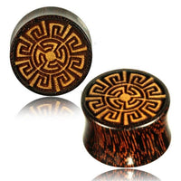 Cargar imagen en el visor de la galería, Plug Tamarindenholz griechisch Sonne Ornament Spiralen Inlay double flared flach
