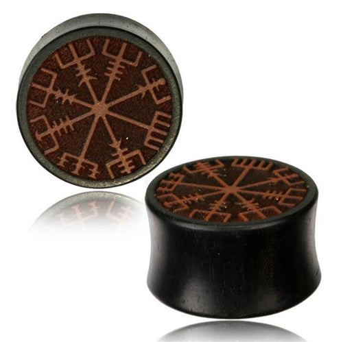 Two round, dark Plug Arangholz Wikinger Kompass Inlay double flared plugs, featuring the Norse runic compass on the front, are displayed from different angles on a white background.