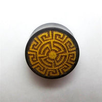Cargar imagen en el visor de la galería, Plug Tamarindenholz griechisch Sonne Ornament Spiralen Inlay double flared flach
