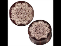 Load image into Gallery viewer, Two round, dark Narraholz Plug boxes with white Mandala floral laser engraving (double flared), inspired by Holz Plug artistry, displayed on a white background.
