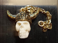 Load image into Gallery viewer, Flesh Tunnel Anhänger antik golden Messing Kette Karabiner Bone Viking Skull

