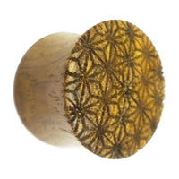 Cargar imagen en el visor de la galería, Flesh Plug Teakholz Stern Blume des Lebens double flared Lobe Dehner braun Gravur
