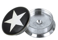 Load image into Gallery viewer, The Schraub Plug Tunnel silbern Edelstahl Stern weiß schwarz Acryl Piercing features a round, silver stainless steel container with a screw-on lid, adorned with a large white star on a black background. The open container shows its empty interior.
