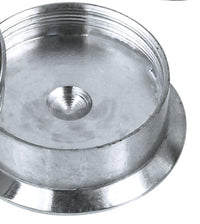 Load image into Gallery viewer, A close-up of the Schraub Plug Tunnel silbern: a round, metallic, threaded stainless steel cap with a smooth surface, slightly raised rim, central indentation, and white-black star acrylic design, used as a piercing accessory.
