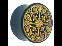 Load image into Gallery viewer, Holz Plug Gothic Kreuz gold double flared
