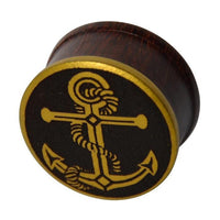 Load image into Gallery viewer, Plug Holz Tamarinde dunkelbraun Anker Seil Brass Überzug golden Rand Piercing
