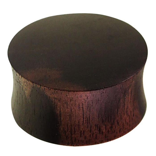This Holzplug Eisenholz dunkel is a round, dark brown wooden plug with a slightly convex double flared shape and smooth sides, resembling a thick disc.